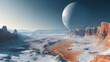 © ProPhotos - A drawing of a distant planet with a large moon, rugged snow-capped mountains, and a winding river that captures the essence of a cold, alien environment.