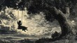 © ProPhotos - A drawing of a young girl on a swing floating in the sky under a tree in a beautiful summer landscape.