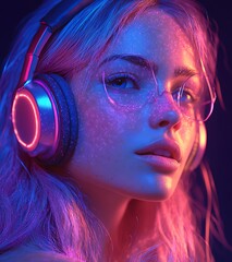 Sticker - Young woman with pink hair wearing headphones and glasses under neon lights. Portrait in pink and blue lighting