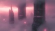 © ProPhotos - A futuristic cityscape with towering skyscrapers shrouded in a pinkish-purple fog.