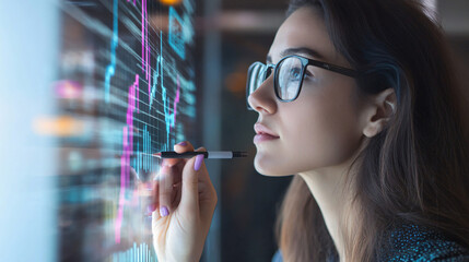 Fototapete - Businesswoman with glasses analyzing financial data on a see-through interactive display