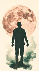 Sticker - Silhouette of a man standing against a large, full moon.