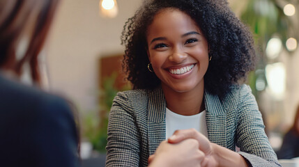 Poster - Two female entrepreneurs celebrating a successful business deal with a handshake in a cafe