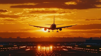 Airplane taking off from the airport runway at the sunset