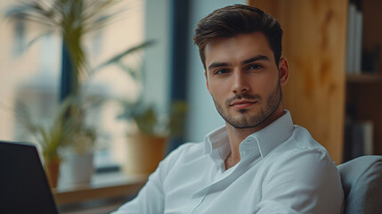 Poster - confident and ambitious young professional in a white shirt sitting with a laptop in a modern office