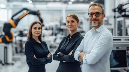 Aufkleber - Three engineers are smiling with crossed arms in a modern industrial factory with robotic arms