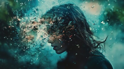 Poster - Abstract Portrait of a Woman Partially Obscured by Teal and Gold Textures