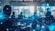 © Zhanna - A modern office setting with people working on laptops, overlaid with a digital network graphic. This visual represents teamwork, communication, and connectivity in a business environment.