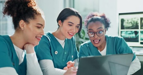 Wall Mural - nurse, team and women with laptop for discussion in boardroom with explaining medical research and s