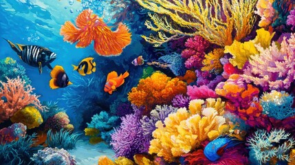 Sticker - Underwater Scene with Vibrant Coral Reef and Fish