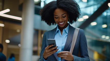 Poster - Businesswoman is walking in a modern office lobby and smiling at her smartphone