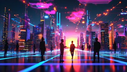 Wall Mural - Futuristic Virtual Networking Experience in Vibrant Glowing 3D Cityscape with Attendee Silhouettes