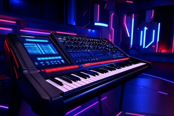 Aufkleber - Digital 3D interactive music studio, where users can virtually play instruments, adjust soundboards, and create music in an immersive, interactive environment