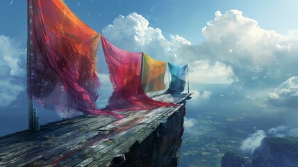 Wall Mural - A lonely platform with colorful banners flapping in the wind.