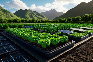 Poster - Digital 3D rendering of a sustainable farm, where users can explore different eco-friendly farming methods like solar-powered irrigation and vertical farming