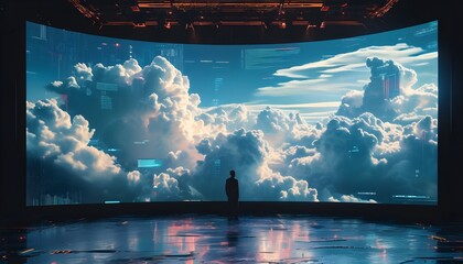 Wall Mural - Futuristic Cloud Computing Analytics on Holographic Screen in a Dramatic Atmospheric Setting