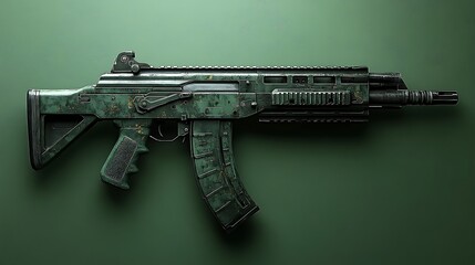 Wall Mural - Close up of a Green Camouflaged Assault Rifle on a Green Background