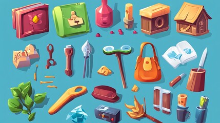 Wall Mural - Cartoon Adventure Game Inventory Icons, Tools, Items, Equipment