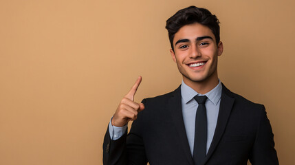 Smiling young businessman in suit and tie pointing on a brown backdrop