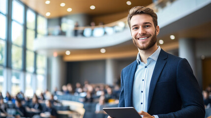 Canvas Print - Young professional is holding a tablet and smiling in a convention center full of businesspeople