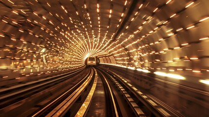 A metro train speeding through a tunnel filled with lights.