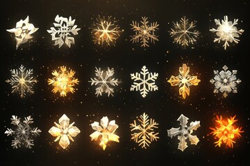 Wall Mural - Golden and silver snowflakes on a dark background glowing with a soft shimmer creating an elegant festive winter theme for holiday decorations