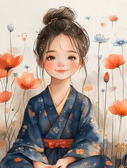 Canvas Print - Cute girl in a kimono sitting in a field of flowers