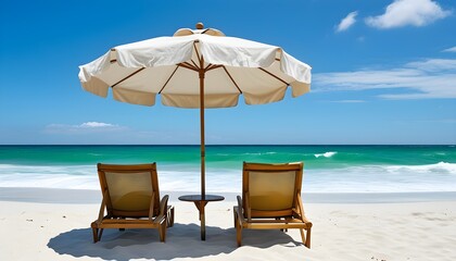 Poster - Serene beach scene with colorful chairs beneath an umbrella on pristine white sand, complemented by a clear blue sky and inviting turquoise waters.