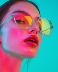 Canvas Print - Fashionable woman wearing trendy eyeglasses in neon light