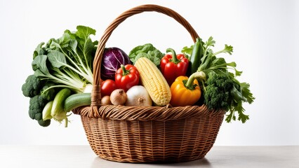 A woven basket filled with fresh vegetables, showcasing a variety of colors and types.