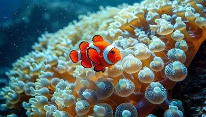 Colorful clownfish gliding gracefully over vibrant anemones in a serene ocean habitat