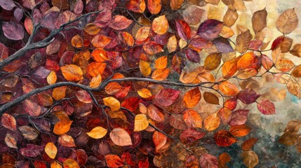 Wall Mural - A Close-Up of Autumn Leaves on a Branch