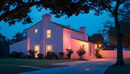 Wall Mural - Charming Pink House Illuminated by a Streetlight Under a Starry Blue Night