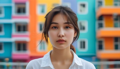 Wall Mural - Charming portrait of young woman in white shirt with vibrant blurred buildings enhancing the atmosphere