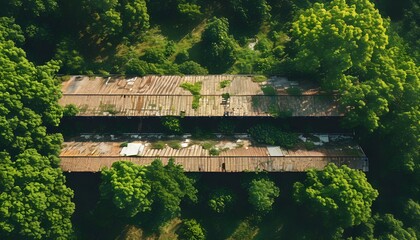 Wall Mural - Aerial perspective of a long, narrow building with a tiled roof, embraced by lush greenery, showcasing signs of disrepair and natures reclamation