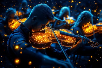Poster - Fantasy orchestra with glowing instruments, where violins, harps, and trumpets emit a soft, magical light as they play, surrounded by ethereal beings listening in awe