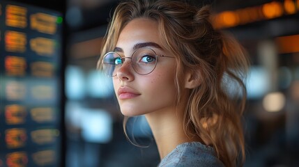 Sticker - Portrait of young woman with green eyes wearing glasses, looking away, with a soft focus background.