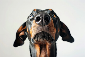 Wall Mural - Black and brown Doberman with brown nose and brown eyes is looking at camera. Dog's expression is curious and it seems to be looking at viewer