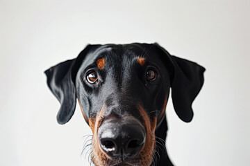 Wall Mural - Black and brown Doberman with brown nose and brown eyes is looking at camera. Dog's expression is curious and it seems to be looking at viewer