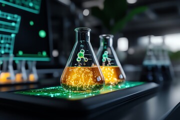 Poster - Fantasy science lab with magical teaching materials, where beakers bubble with glowing liquid, and interactive charts change as students learn