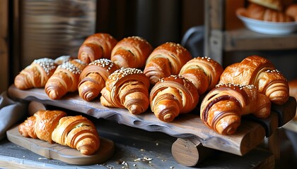 Delicious close-up of golden croissants on a rustic wooden bakery shelf