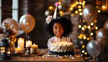 Joyful birthday celebration of an African American child surrounded by festive decorations, a decorated cake with candles, and colorful balloons