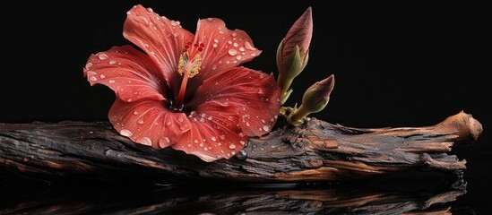 Poster - A Beautiful Single Red Hibiscus With Water Droplets Set On A Piece Of Driftwood Isolated On A Black Background With Reflections In The Black Background Surface