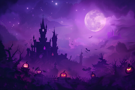 Spooky purple Halloween background, witch castle, graveyard, moon, jack-o-lantern, and pumpkins with a copy space. High quality photo