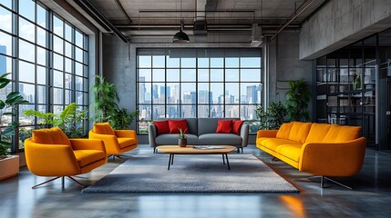 Poster - Modern living room interior with yellow sofas and large windows overlooking cityscape