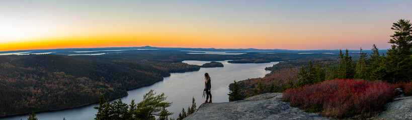 Panorama Epic Female Photographer with Camera Stands on Rock Edge Acadia National Park Sunrise Beech Mountain Ocean View Wide Autumn in Maine