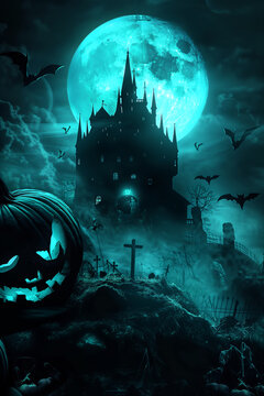 Halloween spooky background with copy space. Silhouette of the which castle, pumpkins, bats, graveyard, trees. High quality photo