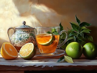 Canvas Print - Still Life with Tea, Lemon, and Lime