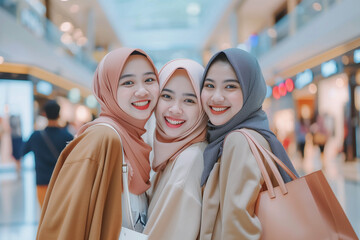 Trio of Shopping Friends Happily Carrying Bags During Black Friday Sales at Mall Smiling and Celebrating Big Deals Together