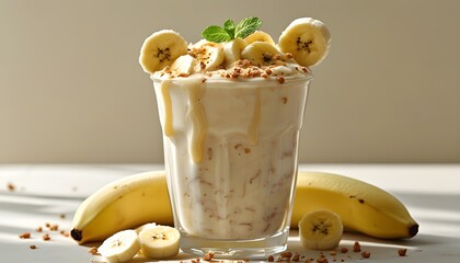 Wall Mural - Delicious creamy milkshake splashing with fresh banana slices, showcasing a sweet and healthy drink with a vibrant, natural look created by AI generative artistry